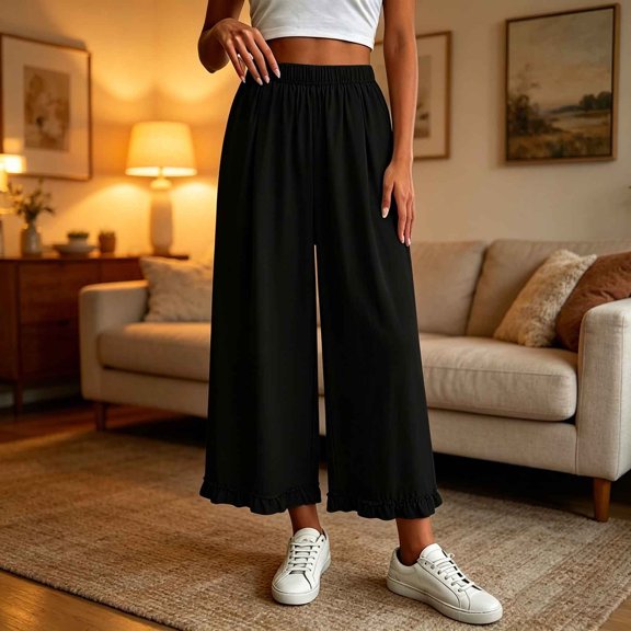 Cagogo Women's Wide Leg High Waisted Flowy Ankle Pants Casual Solid Loose Trousers for Summer Beach Work Lounge Palazzo Beachwear Clothes, Black M