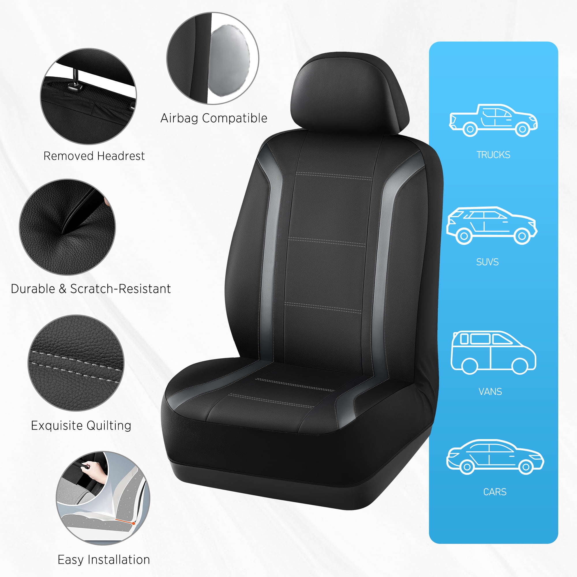 Road Comforts Leather Car Seat Cover,Sports Style Car Seat Cover,Breathable,Non-Slip,Universal Fit,Gray Front Seats
