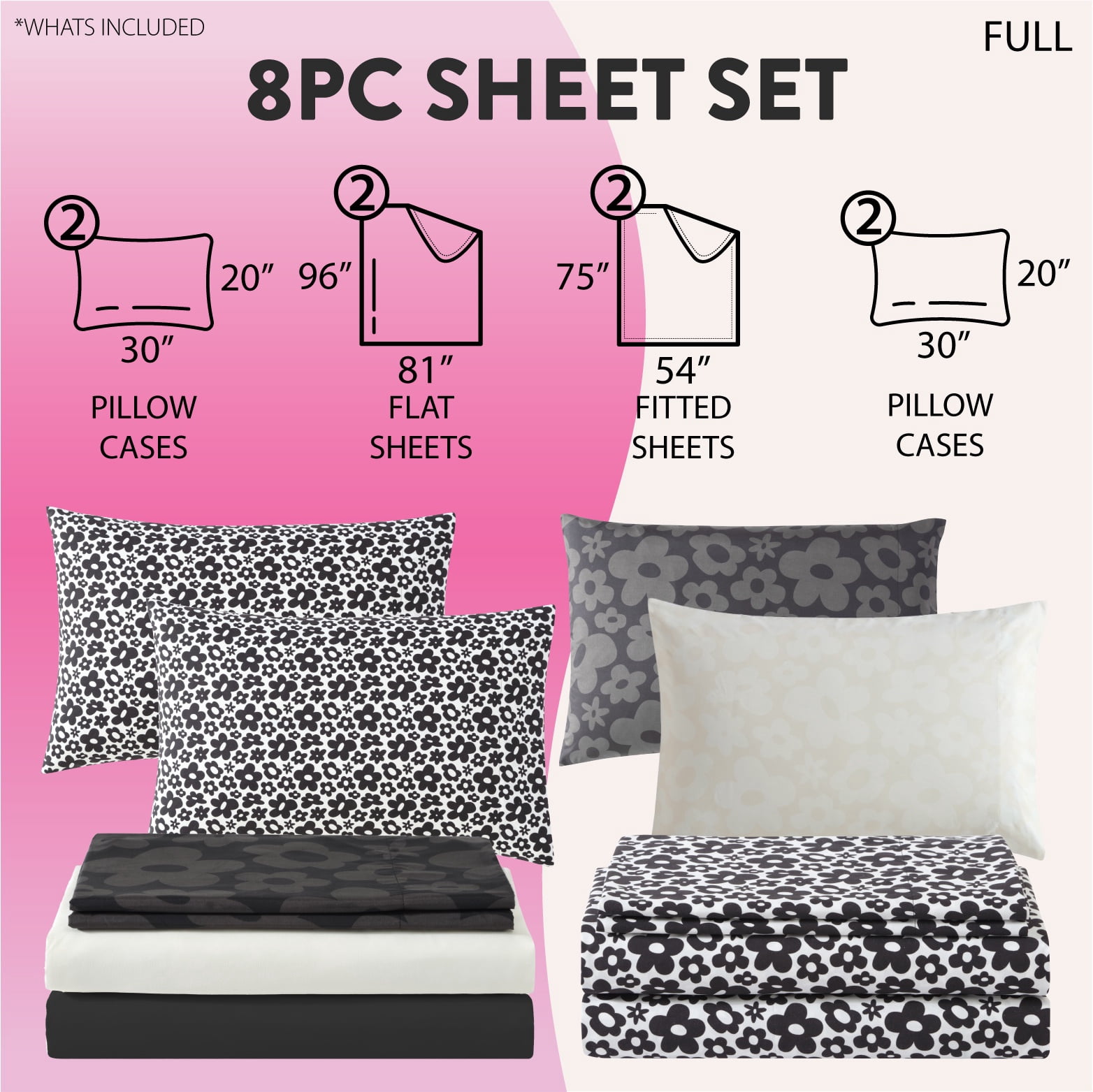 Urban Shop 8 Piece Black and White Floral Mix and Match Sheet Set, Full