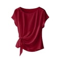 thumbnail image 2 of ClodeEU Women's Satin Round Neck Short Sleeve Blouse with Side Tie Knot,Loose Fit Casual Trendy Tops Red,Womens Plus XL, 2 of 5