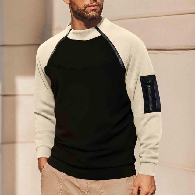 pstuiky camisa de manga larga para hombre, Blusa informal de manga larga con cuello alto y cremallera cálida de polar de color liso para hombre camisetas de hombre m