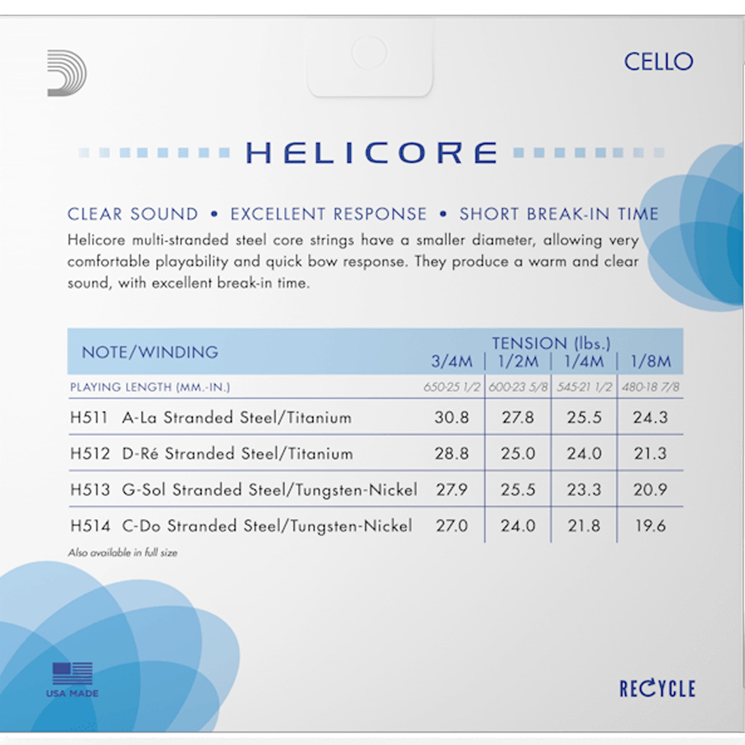 D'Addario Helicore Cello String Set, 1/4 Scale, Medium Tension, Bulk 10-Pack