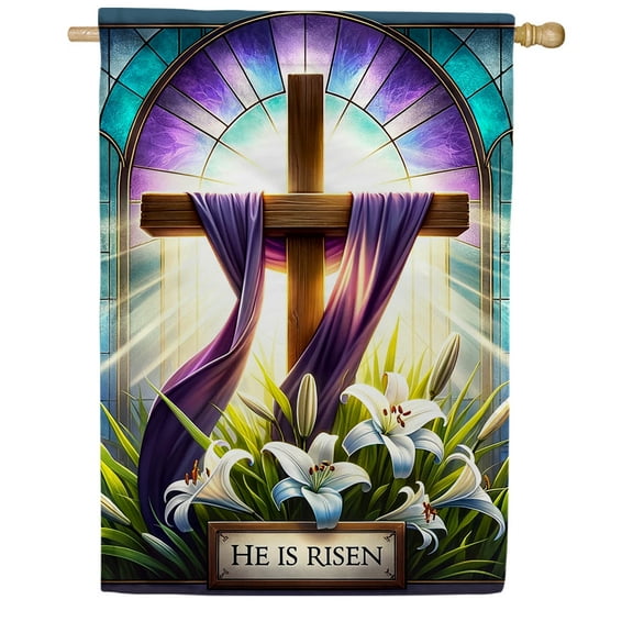 America Forever He is Risen Spring Easter House Flag, 28 x 40 inch Double Sided, Easter Cross and Lilies, Religious Easter Day Flag Christian Home Decor for Spring Outdoor and Outside Decoration