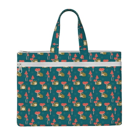 Gaeub Frog and Mushrooms Print Canvas Tote File Bag Laptop Tote Bag Zipper File Bag Canvas 15 Inch Handbag Purse for Office Travel