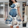 thumbnail image 2 of Blue Seashell Coral Print Women's Classic Swing Skater Dress Casual Work Party Cocktail Dresses, 2 of 6