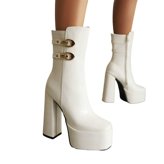 Platform Dress Boots for Women 2025 Trendy Club Party Buckle Leather Square Toe Extre Chunky Heeled Mid Calf Short Booties