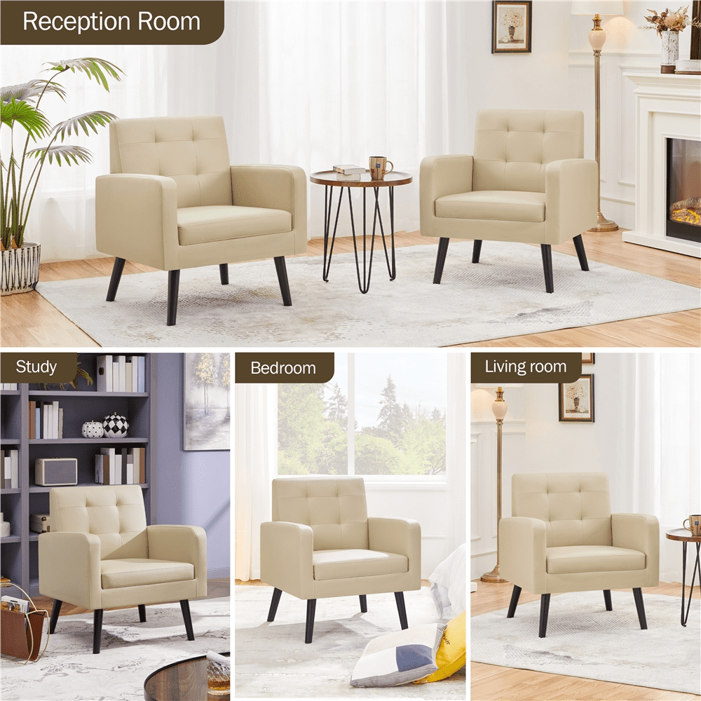 Alden Design Mid Century Faux Leather Tufted Accent Chair for Living Room, Beige