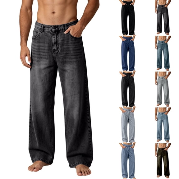 Qingpeng Mens Retro Washed Denim Jeans Button Zipper Fly Loose Wide Leg Straight Trendy Casual Denim Pants for Men