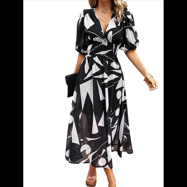 Vestidos de Verano para Mujer 2025, Informales, con Mangas Abullonadas, Cuello en V, Florales, Estilo Bohemio, Vestido . Negro XL