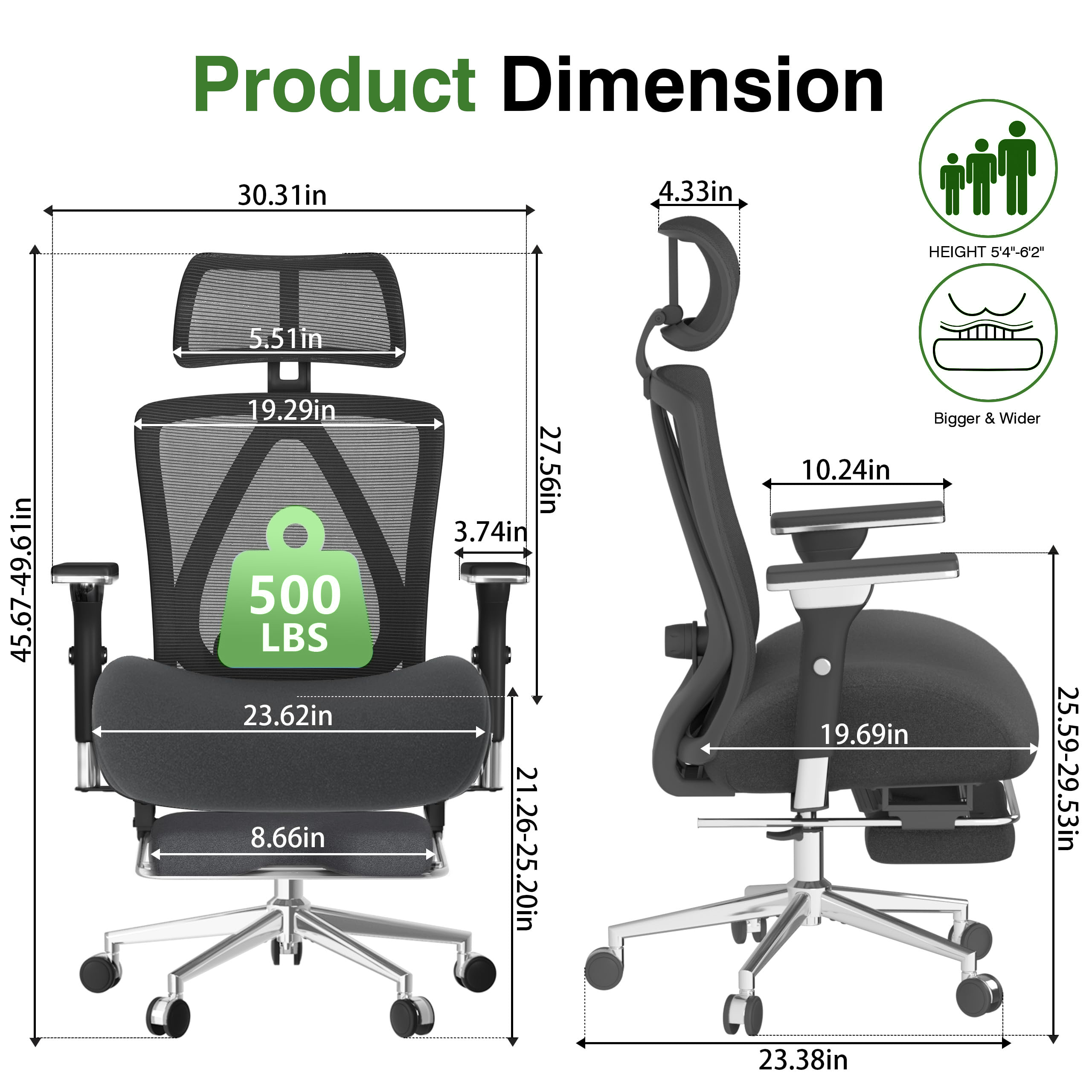 JONPONY Big and Tall Office Chair with Footrest, Ergonomic Mesh Office Chair with Thicken Wide Cushion, 4D Armrest, Adjustable Lumbar Support & Headrest, Grey