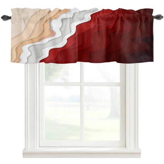 Ocean Waves Window Valance Curtain Red Brown Ombre Rod Pocket Valance for Windows Short Curtain for Living Room, Bedroom & Kitchen Window Decor 42x12in