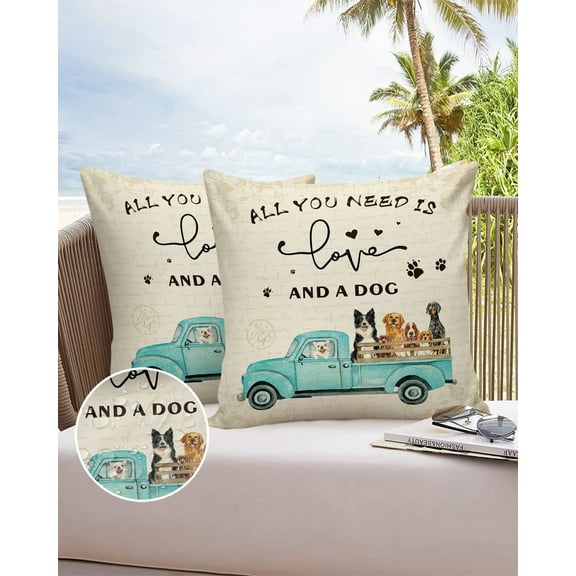 Outdoor Throw Pillow Cover Farm Teal Truck with Dogs Waterproof Cushion Covers 2 Pack Rustic Vintage Newspaper Texture Pillow Cases Home Decoration for Patio Garden Couch Sofa
