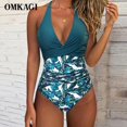 thumbnail image 5 of Women One Piece Set Swimsuit Print Backless Puch Up Solid Sexy Women's Swimwear Bandage Ruched Female Bathing Suit Beachwear, 5 of 6