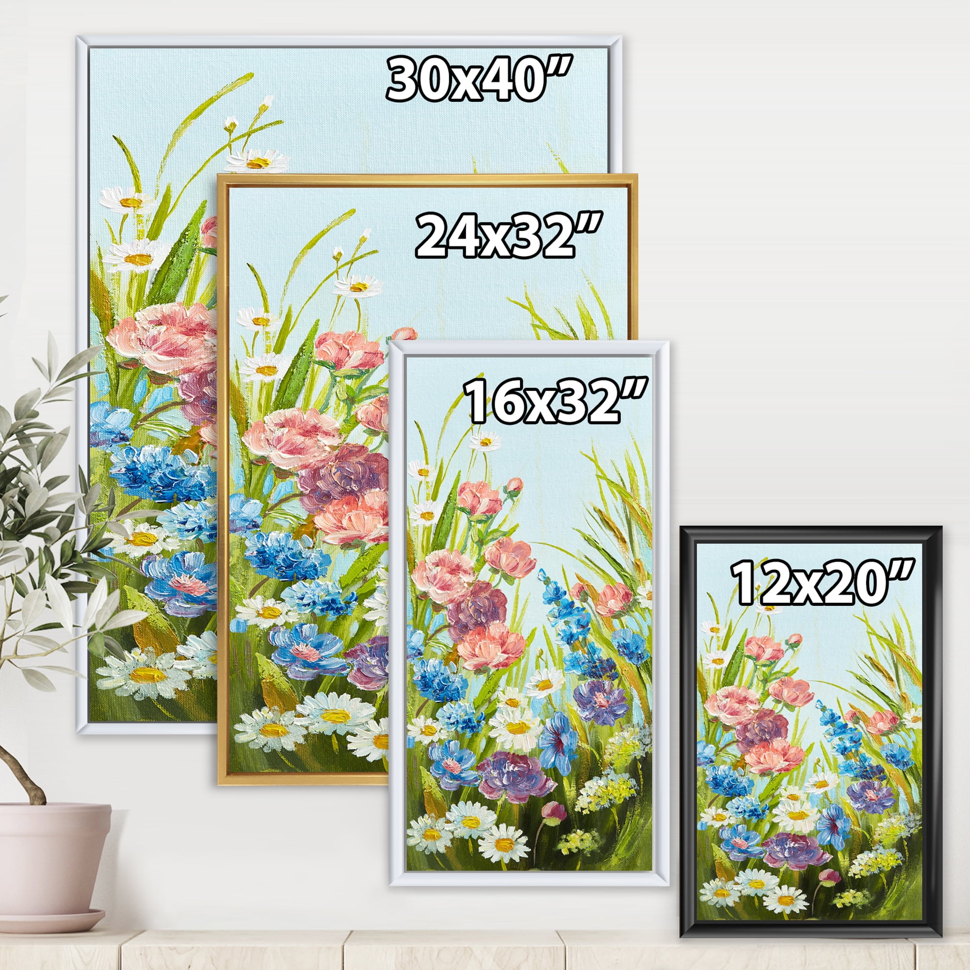 Still Life Of Colorful Wildflowers With Leaves III 12 in x 20 in Framed Painting Canvas Art Print, by Designart