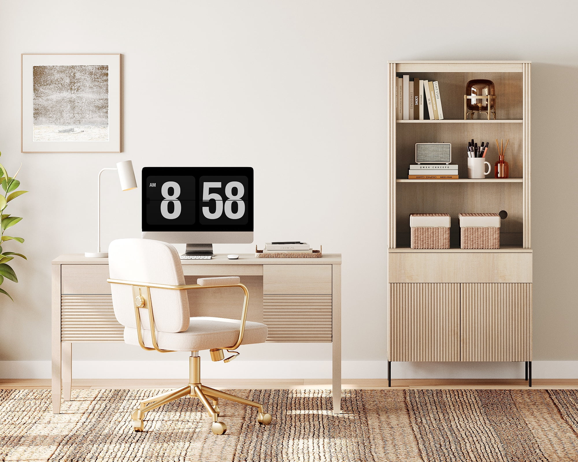 WAMPAT 2 Piece Home Office Furniture Set, 58" Desk with 71.5" Bookcase, Bookcase with 1 Drawer & 2 Doors, Adjustable Shelves, Modern Fluted Wood Office Furniture for Home Office, Study Room, Bedroom