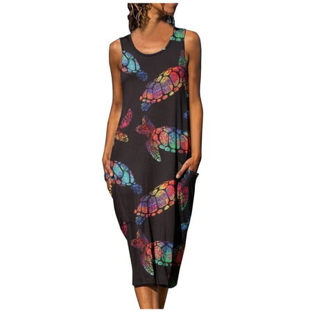 

Dresses for Women White Dress Women Women s Summer Round Neck Casual Loose Fit Floral Print Sleeveless Midi Dress on Clearance Maternity Dress for Photoshoot Womens Tops Dressy Casual Black L