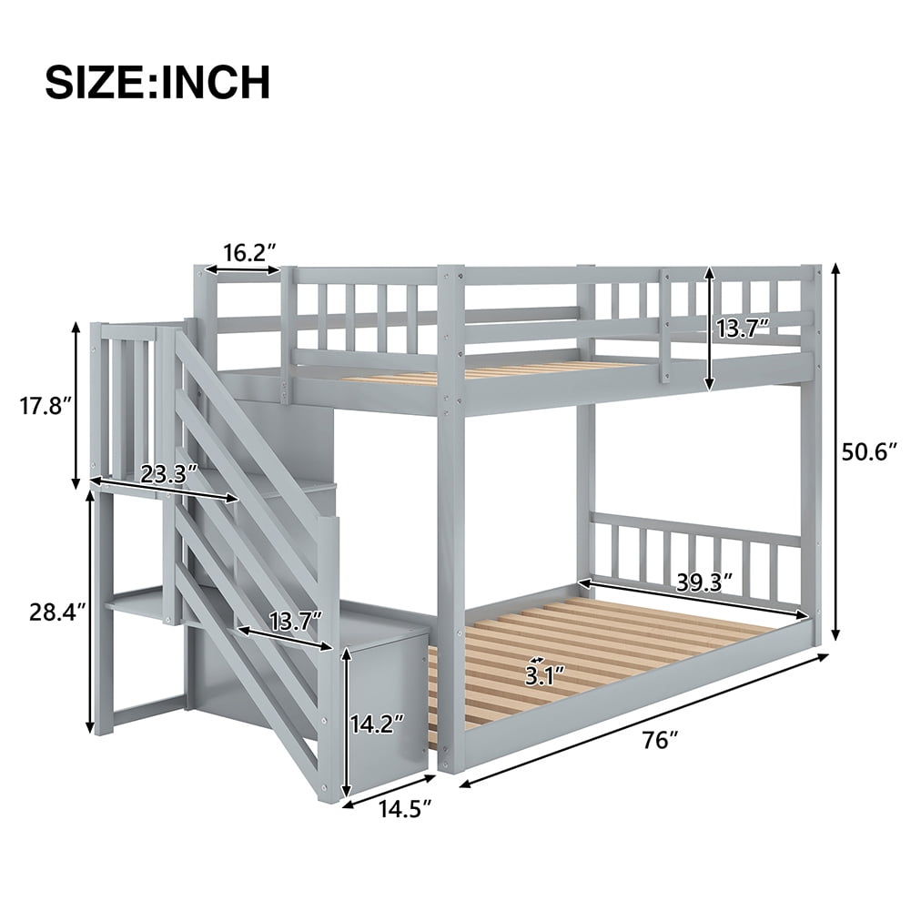 Kadyn Twin over Twin Floor Bunk Bed, Small Space Kids Bed with Storage Stairs, Gray