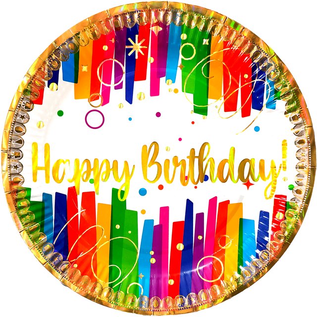 24 pz plato cartón premium pastelero happy birthday hb colores confeti oro 19.2 cm de diámetro; plato desechable con borde dorado impreso y texto central "Happy Birthday" en dorado, franjas verticales multicolor y confeti de puntos, papel grueso 300 g/m² visible, paquete de 24 piezas ideal para postres y celebraciones; también suele usarse para servir bocadillos en picnics y reuniones informales.