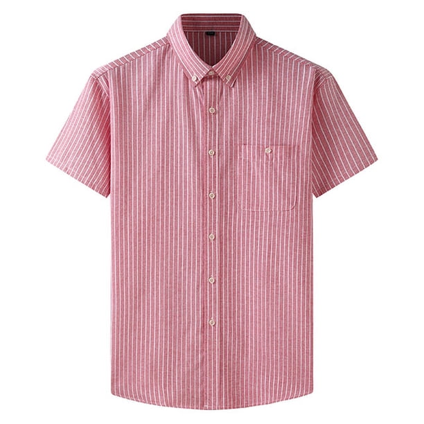 Mens Manga Corta Botón Abajo Camisas Negocios Turndown Cuello Raya Camisa de Bolsillo, Blusa de Manga Corta