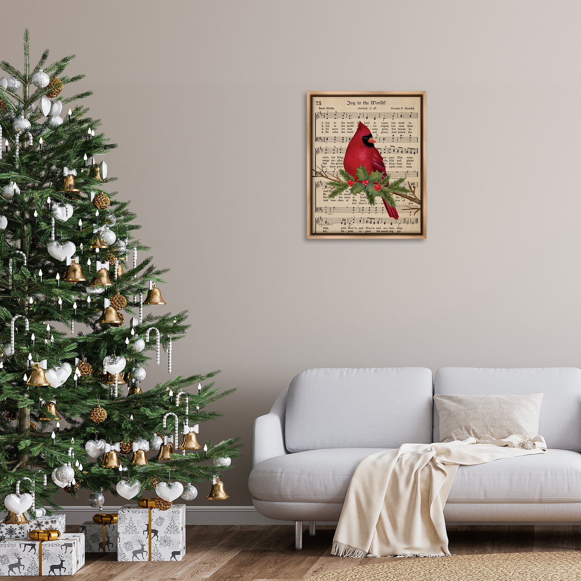 Stupell Industries Cardinal on Holiday Music Holiday Painting Brown Floater Framed Canvas Art Prints Wall Art, 25 x 31