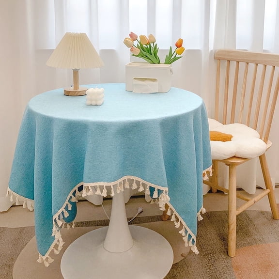 Round Tablecloth, Cream Tassel Trim, Minimalist Decor for Small Tables, Coffee & Dining Table Cover（Blue，90cm x 90cm）