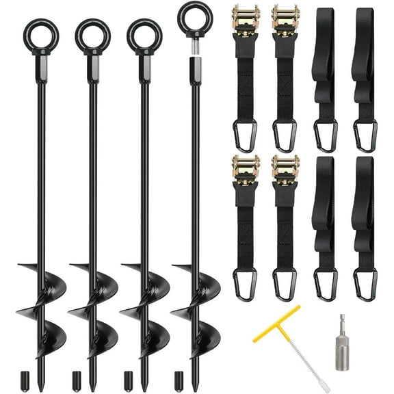 Ground Anchors, 4 Pack 18" Shed Anchor Kit, Screw in Tent Stakes, Fully Welded Spiral Trampoline Anchors High Wind Heavy Duty with 4 RV Awning Tie Down for Shed Carports Swing Set Dog Tie Outs Stakes