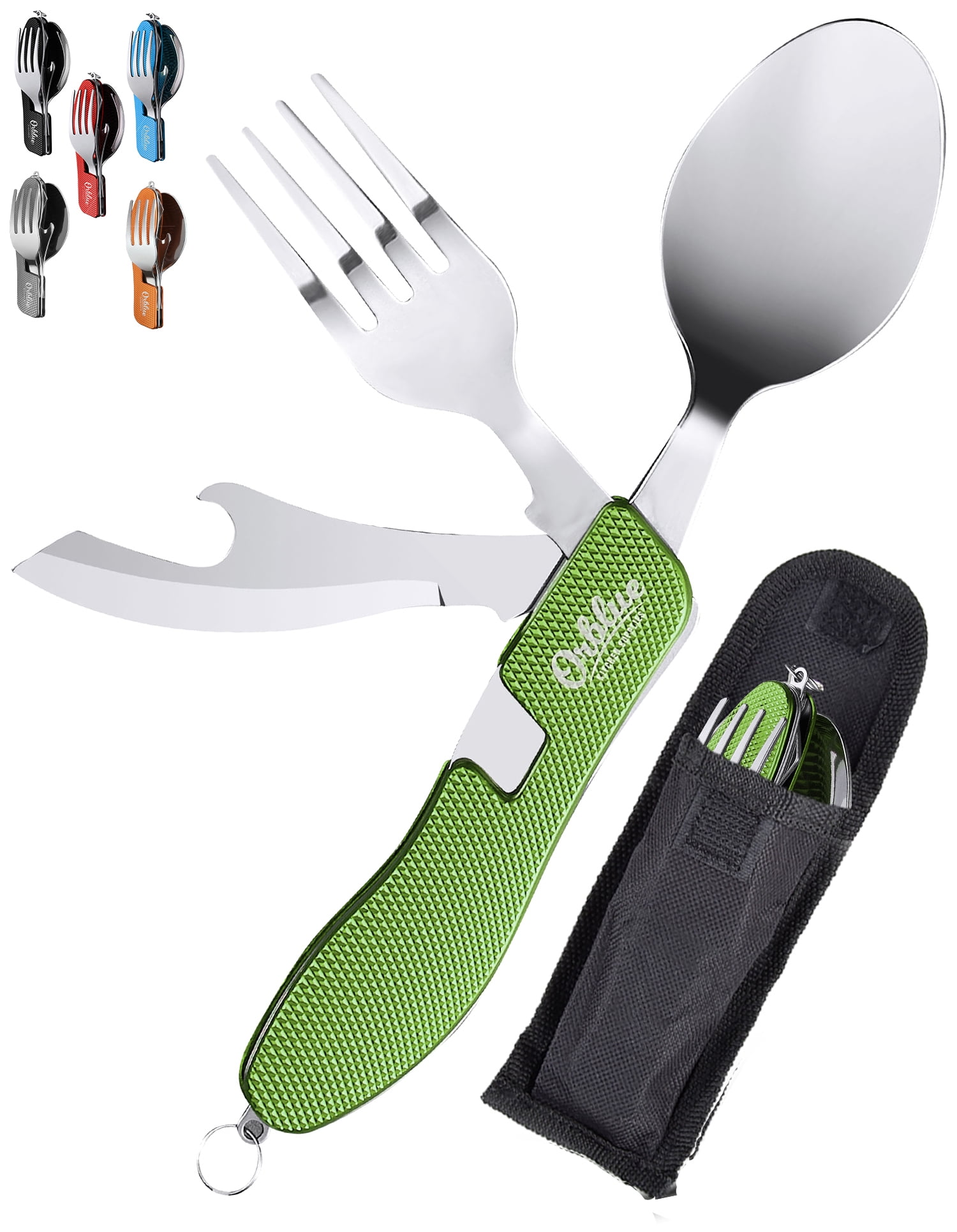 Orblue 4in1 Camping Utensils, 2Pack, Portable Stainless Steel Spoon, Fork, Knife & Bottle