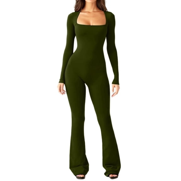 Jumpsuits for Women Square Neck Wide Leg Full Length Romper Playsuit,Women's Square Neck Long Sleeve One Piece Flare Jumpsuit
