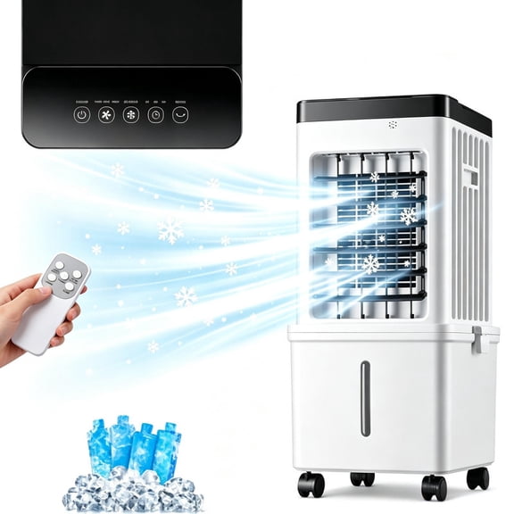 Portable Evaporative Air Cooler, 75W Cooling Fan with Remote Control, 15L Removable Water Tank, 3 Wind Speeds, 7.5H Timer, Quiet Sleep Mode, Rolling Casters, Indoor Cooler for Home Bedroom Office