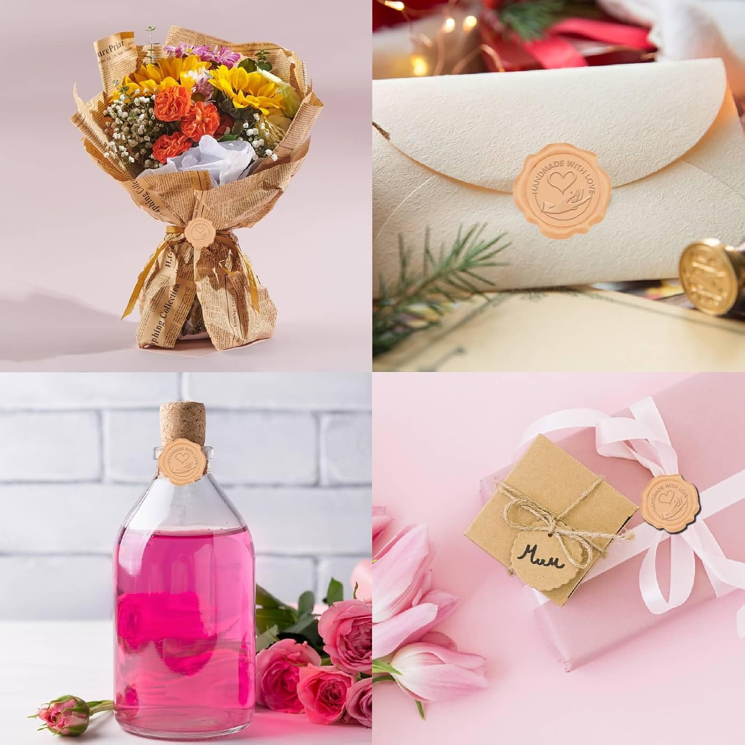 100Pcs Heart Wax Seal Stickers Nude Pink 30mm Handmade with Love Vintage Self Adhesive Envelopes Wedding Sealing Stamp Sticker for Valentines Birthday Party Invitation Greeting Card DIY Craft Gold