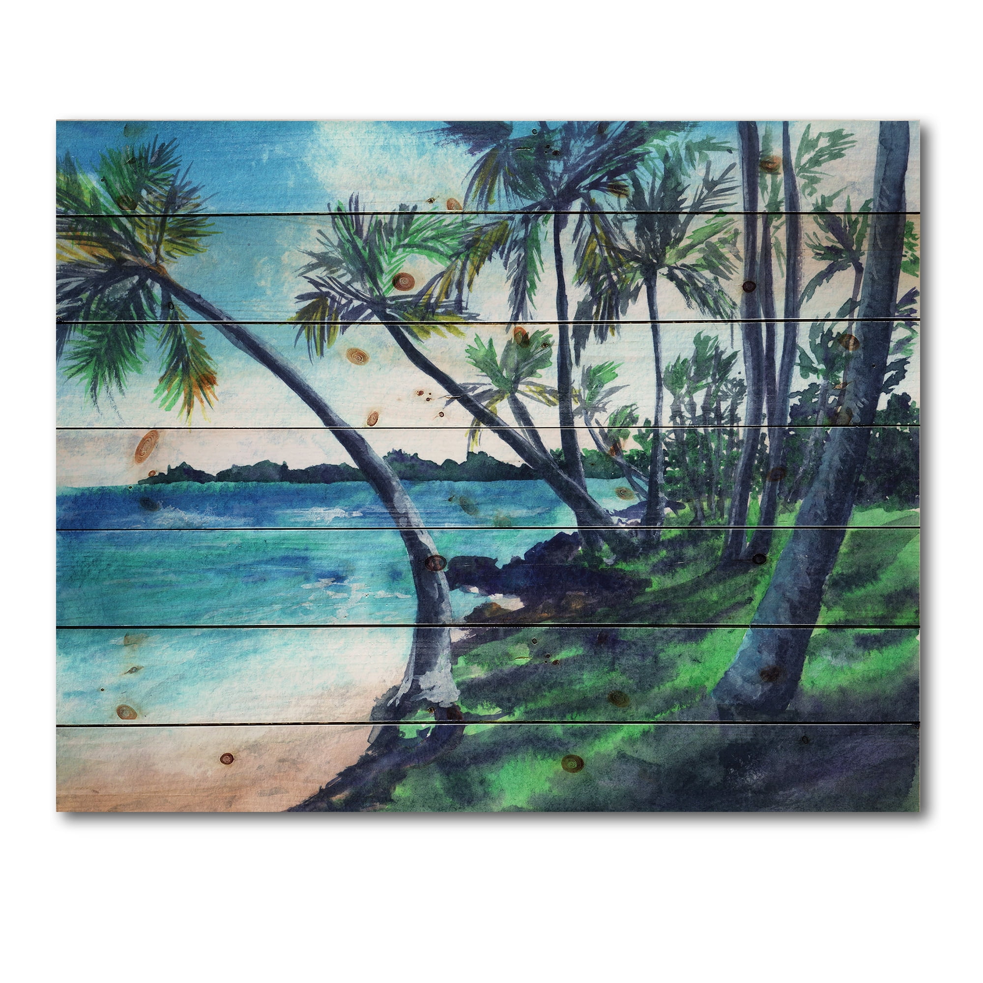 Designart 'Tropical Beach In Summer Paradise With Palm Trees' Nautical & Coastal Print on Natural Pine Wood