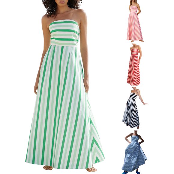 SUNSIOM Women Strapless Tube Dress Striped Print Off Shoulder A-Line Party Long Dresses for Cocktail Beach Streetwear