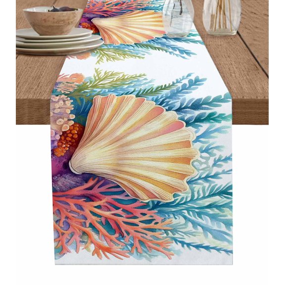 Summer Coastal Table Runner 90 Inches, Ocean Watercolor Shell Coral Bed Runner Dresser Scarves Tabletop for Indoor Outdoor Parties/Ceremony/Banquet, 13" x 90"