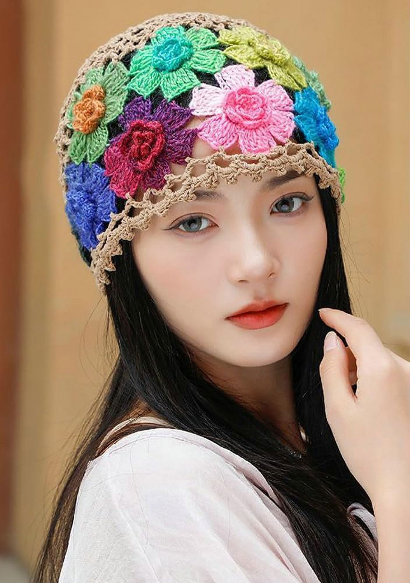 Kukuzhu Crochet Beanie Hat for Women Men Y2k Floral Boho