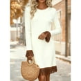 thumbnail image 3 of Womens Long Sleeve Sweater Mini Dress with Tassel Hem, Vintage Ribbed Knit Fringe Short Dresses Plaid Dresses for Women Beige M, 3 of 4