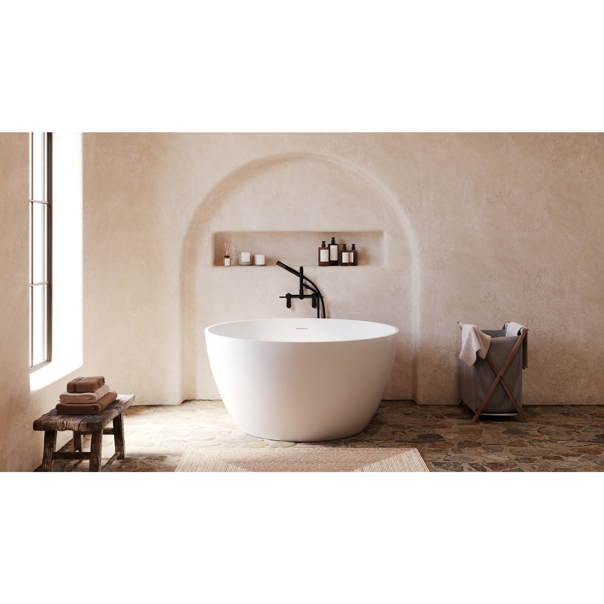 Kingston Brass KRTRO4545150DL 45-Inch Solid Surface Round Double Ended Freestanding Tub with Faucet Combo and Drain in Matte Black