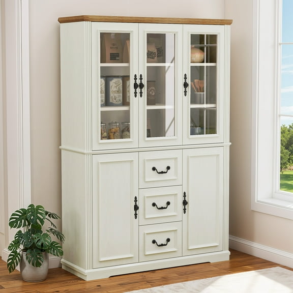 Dextrus 70" Tall Pantry Cabinet with Glass Doors, Modern Farmhouse Kitchen Pantry Storage Cabinet with Drawer, White