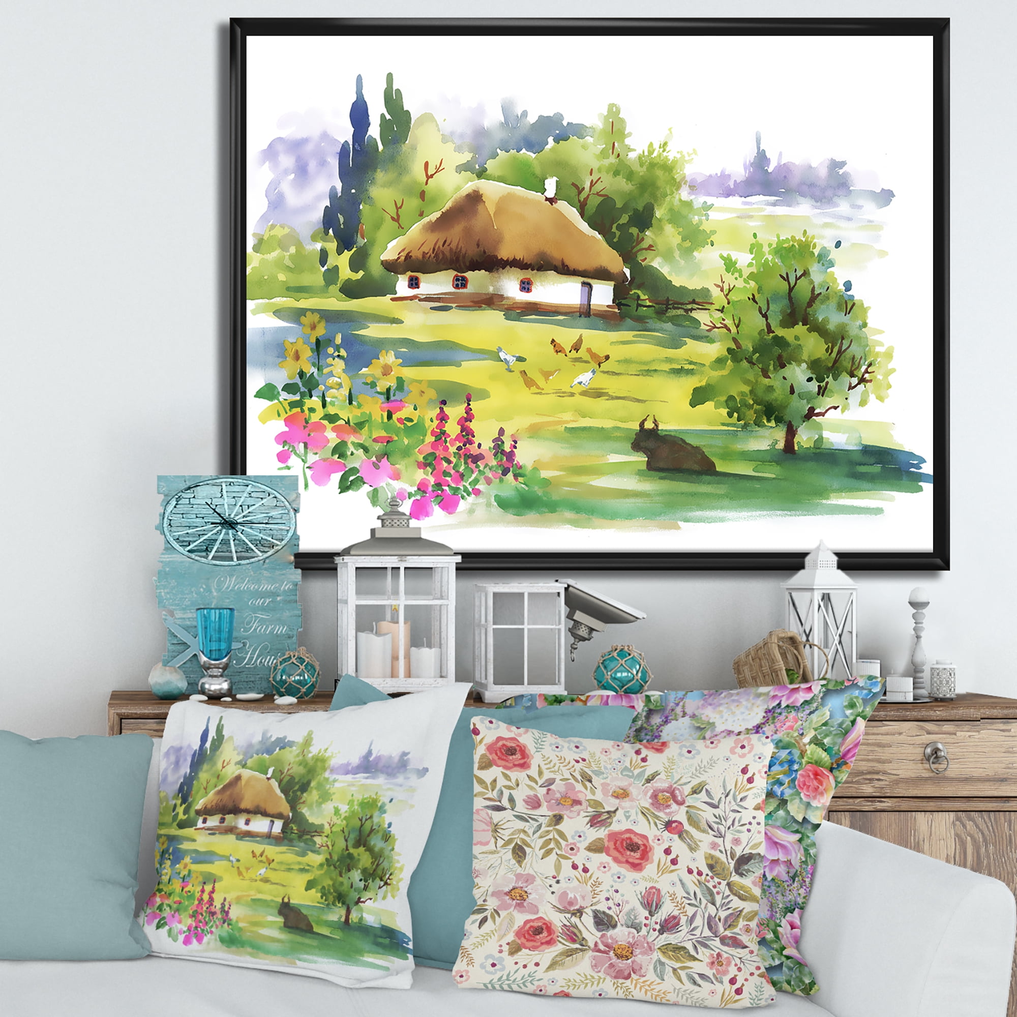Designart 'Blossoming Greenlands And A Rural House' Traditional Framed Canvas Wall Art Print