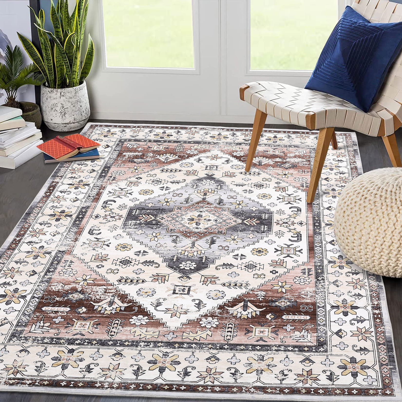 ZACOO 8'x10' Washable Rug Non Slip Vintage Oriental Rug Foldable Rug Retro Medallion Carpet for Living Room Bedroom,Rusty Red