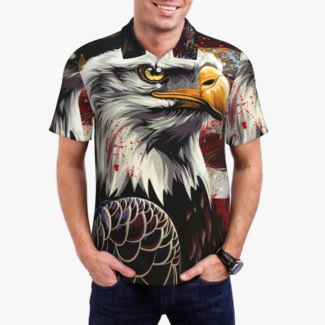 Fotbe Retro American Eagle A Camiseta Polo de Golf para Hombre con Estampado – Camisa Deportiva Transpirable con Cuello Abotonado-X-Large