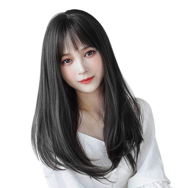 Riforla Cheveux Naturels Courts pour Femme, Visage Rond, Cheveux Longs et Raides, Couvre-Chef Complet, Perruques pour Femmes Noir