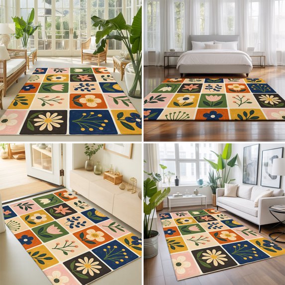 8'x10' Area Rugs, Flowers Patchwork Indoor Outdoor Area Rug for Living Room Bedroom, Farmhouse Vintage Botanical Floral Washable Bathroom Rugs Kitchen Floor Carpet Mats Home Decor Aesthetic