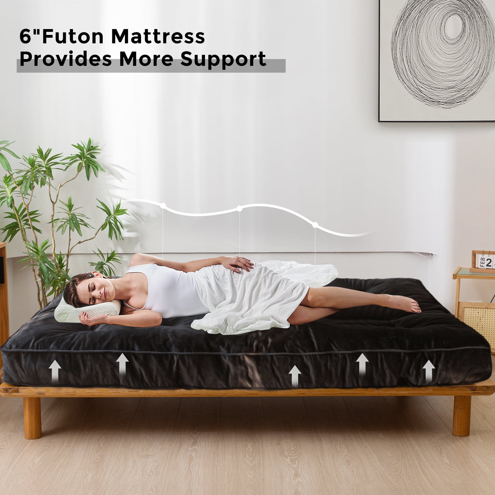 BYBYME 6" Futon Mattress,Velvet Thick Futons Sofa Couch Bed,Floor Mattress for Adults,Shredded Foam Filling,Black Queen(Frame Not Included)