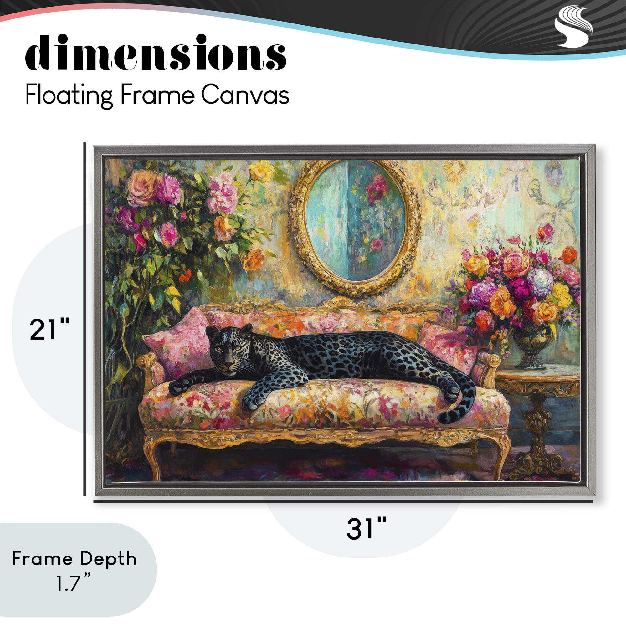 Stupell Industries Lounging Leopard on Floral Sofa Gray Framed Floater Canvas Wall Art, design by Petal Prints Design