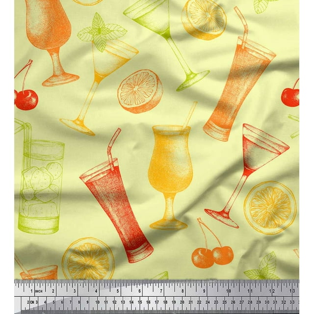 Soimoi Orange Rayon Fabric Lemon Slice & Soft Drink Beverages Print Fabric by Yard 56 Inch Wide