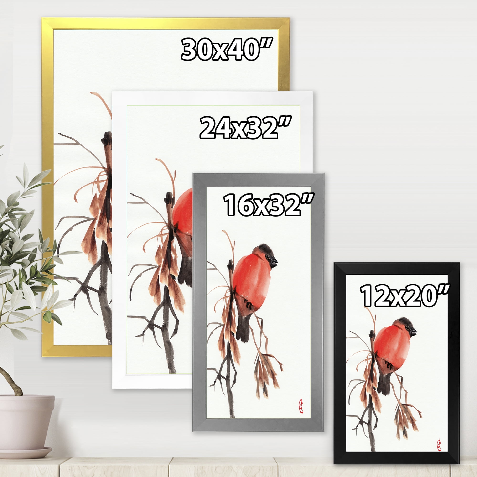Designart 'Red Bullfinch Bird Sitting On A Branch' Traditional Framed Art Print