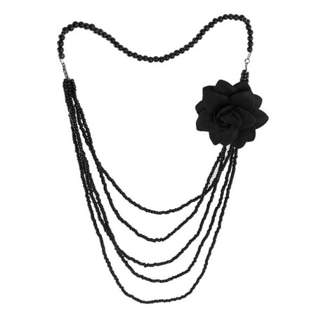 Unique Bargains Lady Sweater Black Fake Pearl Necklace w Flower Brooch Pin
