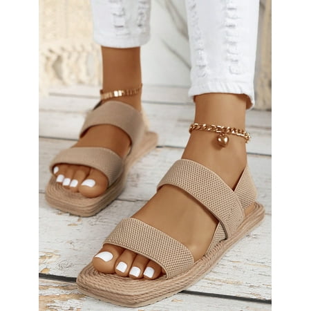

Women Simple And Casual Fashionable Elastic Square-Toed Sandals With Woven Straw And Soft Sole Comfortable Indoor Slipper Perfect For Hawaii Vacation Party And Beach