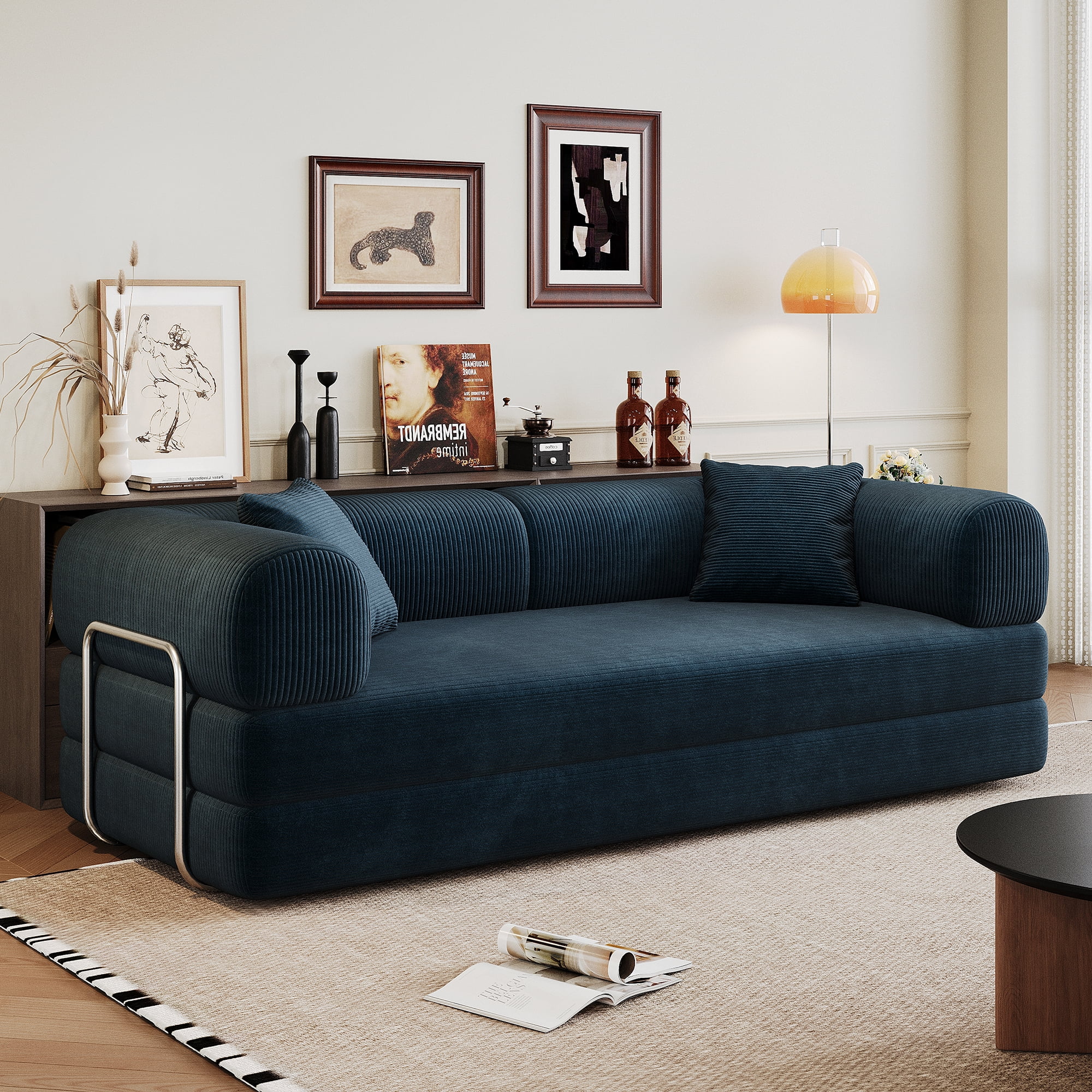 Miniyam 79" Compression Sofa, Convertible Floor Sofa Bed-with Pillow Back Support Armrest for Living Room, Bedroom, Blue