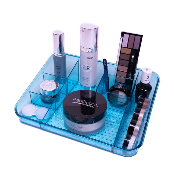 Makeup Organizer Tray Cosmetic Storage Tray Display Holder Countertop Vanity Tray 8 Compartments Storage Box for Bathroom Bedroom Office Drawers - BLUE